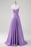 Purple A Line Sweetheart Corset Ruched Satin Long Prom Dress with Lace Up Back