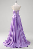 Purple A Line Sweetheart Corset Ruched Satin Long Prom Dress with Lace Up Back