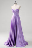 Purple A Line Sweetheart Corset Ruched Satin Long Prom Dress with Lace Up Back