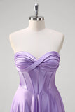 Purple A Line Sweetheart Corset Ruched Satin Long Prom Dress with Lace Up Back