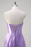 Purple A Line Sweetheart Corset Ruched Satin Long Prom Dress with Lace Up Back