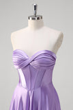 Purple A Line Sweetheart Corset Ruched Satin Long Prom Dress with Lace Up Back