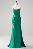 Green Mermaid Strapless Ruched Satin Long Prom Dress with Slit