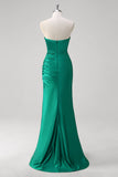 Green Mermaid Strapless Ruched Satin Long Prom Dress with Slit