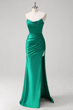 Green Mermaid Strapless Ruched Satin Long Prom Dress with Slit