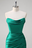 Green Mermaid Strapless Ruched Satin Long Prom Dress with Slit