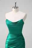 Green Mermaid Strapless Ruched Satin Long Prom Dress with Slit