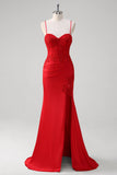 Red Mermaid Spaghetti Straps Satin Long Corset Appliqued Prom Dress with Slit