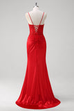 Red Mermaid Spaghetti Straps Satin Long Corset Appliqued Prom Dress with Slit