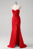 Red Mermaid Spaghetti Straps Satin Long Corset Appliqued Prom Dress with Slit