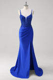 Sparkly Royal Blue Mermaid Appliques Sequin Ruched Corset Prom Dress with Slit