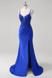 Sparkly Royal Blue Mermaid Appliques Sequin Ruched Corset Prom Dress with Slit