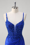 Sparkly Royal Blue Mermaid Appliques Sequin Ruched Corset Prom Dress with Slit