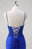 Sparkly Royal Blue Mermaid Appliques Sequin Ruched Corset Prom Dress with Slit