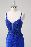 Sparkly Royal Blue Mermaid Appliques Sequin Ruched Corset Prom Dress with Slit