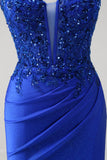 Sparkly Royal Blue Mermaid Appliques Sequin Ruched Corset Prom Dress with Slit