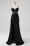 Black Mermaid Watteau Train Ruched Beaded Sheer Corset Prom Dress with Slit