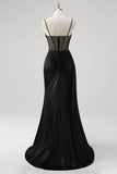 Black Mermaid Watteau Train Ruched Beaded Sheer Corset Prom Dress with Slit