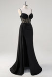 Black Mermaid Watteau Train Ruched Beaded Sheer Corset Prom Dress with Slit