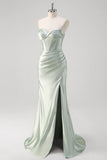 Matcha Mermaid Strapless Ruched Satin Corset Long Prom Dress with Slit