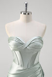 Matcha Mermaid Strapless Ruched Satin Corset Long Prom Dress with Slit