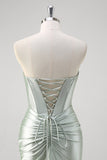 Matcha Mermaid Strapless Ruched Satin Corset Long Prom Dress with Slit