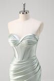 Matcha Mermaid Strapless Ruched Satin Corset Long Prom Dress with Slit