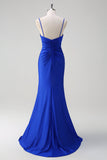 Sparkly Royal Blue Mermaid Spaghetti Straps Ruched Long Prom Dress With High Slit