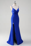 Sparkly Royal Blue Mermaid Spaghetti Straps Ruched Long Prom Dress With High Slit