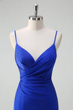 Sparkly Royal Blue Mermaid Spaghetti Straps Ruched Long Prom Dress With High Slit