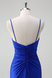 Sparkly Royal Blue Mermaid Spaghetti Straps Ruched Long Prom Dress With High Slit