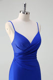 Sparkly Royal Blue Mermaid Spaghetti Straps Ruched Long Prom Dress With High Slit