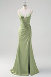 Green Mermaid Spaghetti Straps Ruched Corset Beaded Long Prom Dress With Slit