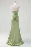 Green Mermaid Spaghetti Straps Ruched Corset Beaded Long Prom Dress With Slit