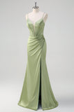 Green Mermaid Spaghetti Straps Ruched Corset Beaded Long Prom Dress With Slit