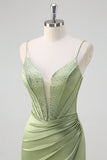 Green Mermaid Spaghetti Straps Ruched Corset Beaded Long Prom Dress With Slit