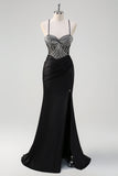 Sparkly Black Mermaid Halter Neck Beaded Ruched Long Prom Dress With Slit