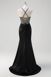 Sparkly Black Mermaid Halter Neck Beaded Ruched Long Prom Dress With Slit