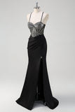 Sparkly Black Mermaid Halter Neck Beaded Ruched Long Prom Dress With Slit