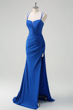 Sparkly Royal Blue Mermaid Spaghetti Straps Cut Out Ruched Long Prom Dress With Slit