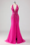 Sparkly Fuchsia Mermaid Halter Deep V Neck Long Prom Dress with Slit