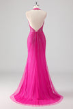 Sparkly Fuchsia Mermaid Halter Deep V Neck Long Prom Dress with Slit