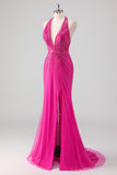 Sparkly Fuchsia Mermaid Halter Deep V Neck Long Prom Dress with Slit