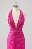 Sparkly Fuchsia Mermaid Halter Deep V Neck Long Prom Dress with Slit