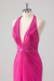 Sparkly Fuchsia Mermaid Halter Deep V Neck Long Prom Dress with Slit