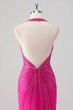 Sparkly Fuchsia Mermaid Halter Deep V Neck Long Prom Dress with Slit