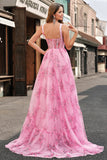 Blush Floral A Line Spaghetti Straps Corset Pleated Corset Prom Dress