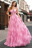 Blush Floral A Line Spaghetti Straps Corset Pleated Corset Prom Dress