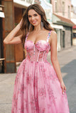 Blush Floral A Line Spaghetti Straps Corset Pleated Corset Prom Dress