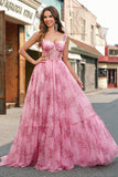 Blush Floral A Line Spaghetti Straps Corset Pleated Corset Prom Dress